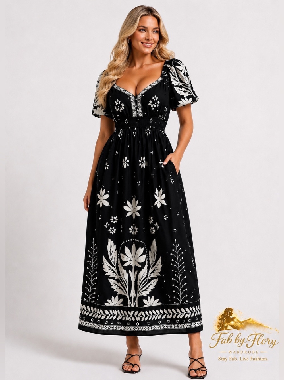 Ellen Tracy ✨ 
Boho Chic Women's Printed Puff Sleeve Maxi Dress